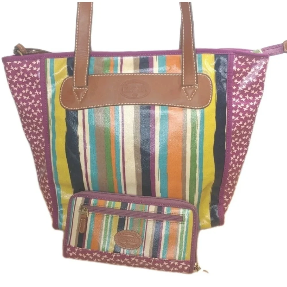 Fossil Key Per Canvas Tote Purse & Wallet Floral Striped Leather Top Handle Bag